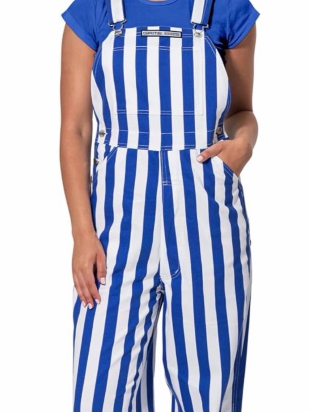 Blue & White Striped Bib-Front Overalls Jumpsuit